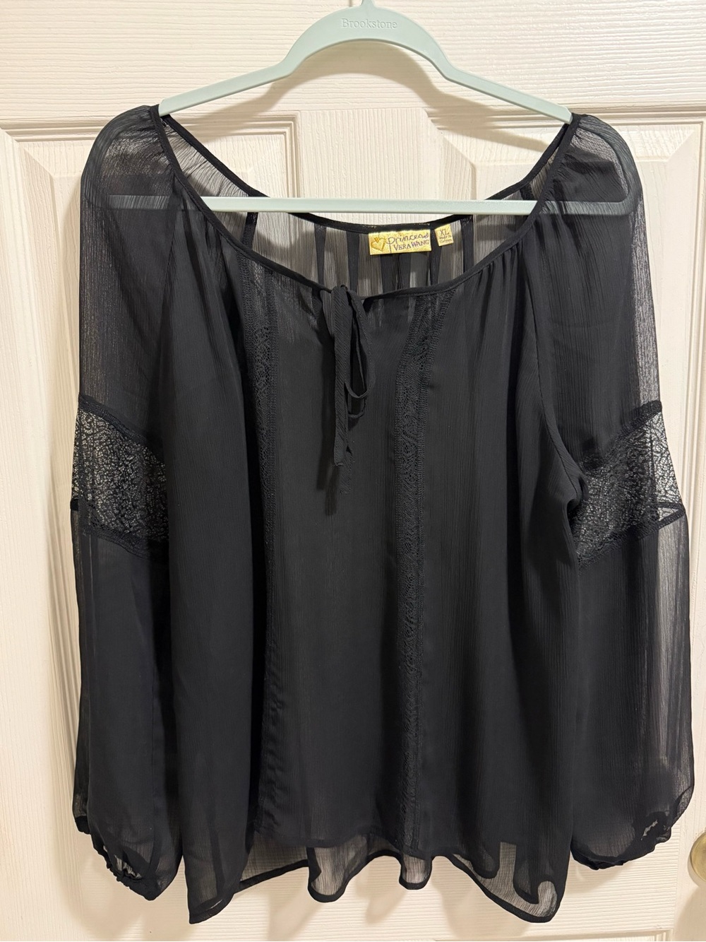 Vera Wang Black Sheer Peasant Blouse with Lace Insets